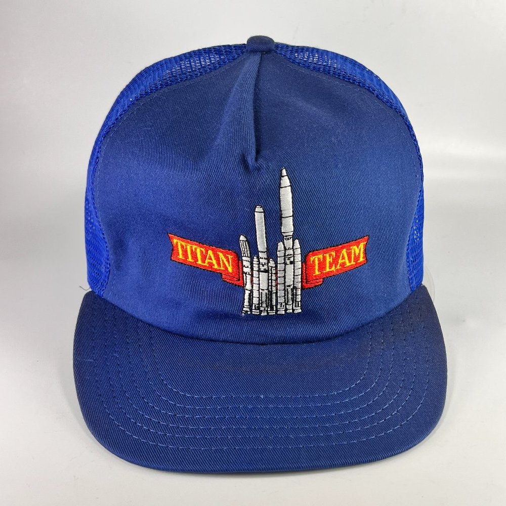 Vtg NASA Titan Missile Team Snap Back Cap Hat Trucker Mesh Baseball Blue Mens